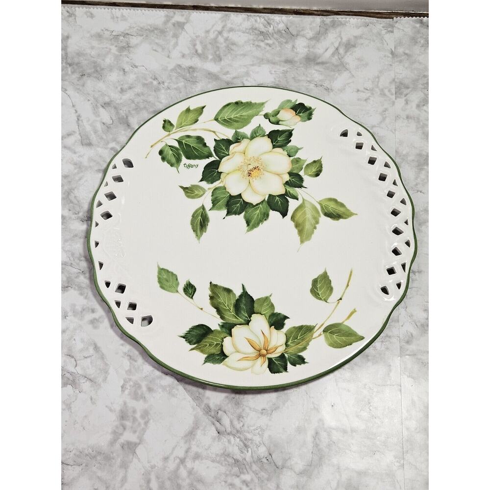 Vtg Italy Brunelli Tiffany Cake Plate Reticulated Lattice Magnolia 12” Gardenia
